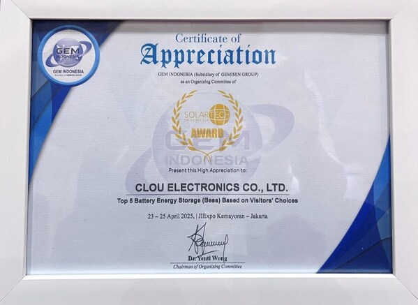 CLOU was hoi/inored as TOP 5 Battery  Energy Storage Innovation Company by Visitors’ Choice, awarded by GEM Indonesia